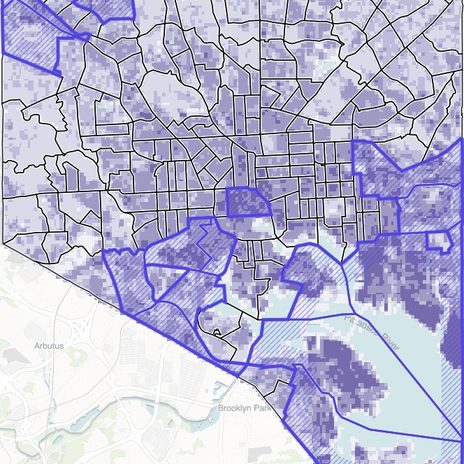 Baseline stormwater runoff across Baltimore with the 15 highest-runoff, heavily paved tracts outlined