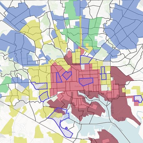 Historic redlining (HOLC) grades across Baltimore with the 11 most vulnerable tracts outlined